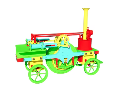 Colorful Toy Steam Locomotive With Green Wheels Red Chimney And Gears 3d model