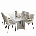 Modern Dining Table And Chairs Set Featuring Marble Tabletop Beige Seats And Black Metal Legs Design
