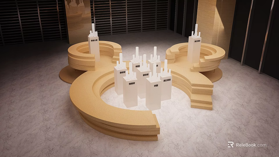 Light Brown Stepped Curved Circular Art Installation With White Cubic Forms In Center 3d model