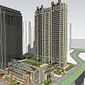 Modern Commercial Complex with High Rise Buildings Greenery and Plaza Area