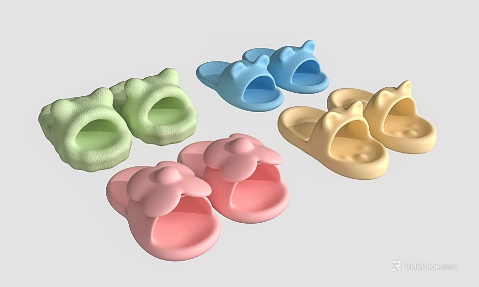 Colorful Kids Slippers with Cute Animal Shaped Design Green Blue Pink Yellow Soft Comfortable Footwear 3d model 