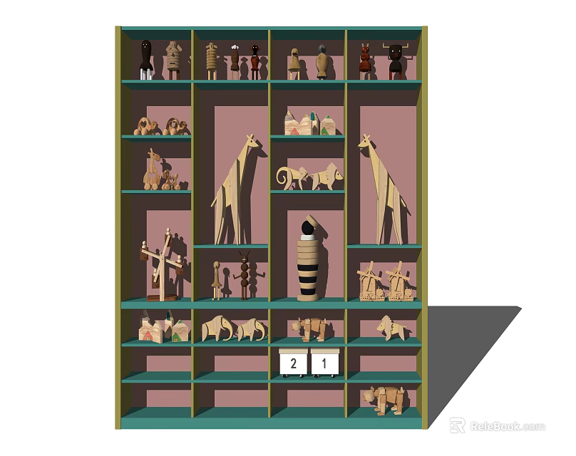 Wooden Animal Figurines Display On Green Frame Decorative Cabinet With Multiple Shelves 3d model 