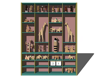 Wooden Animal Figurines Display On Green Frame Decorative Cabinet With Multiple Shelves 3d model