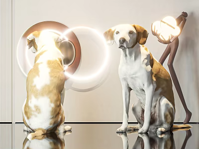 Two Dogs Interacting With Circular Illuminated Decor Alongside Floor Lamp On Sleek Shiny Surface 3d model