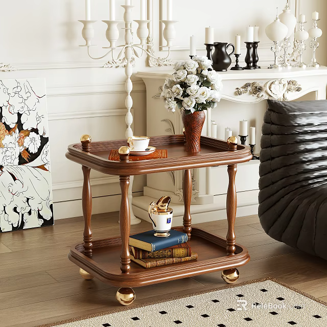 Wooden Wheeled Side Table with Vase Tea Cup and Books in Classic Living Room 3d model 