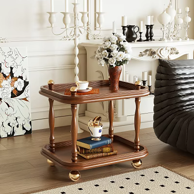 Wooden Wheeled Side Table with Vase Tea Cup and Books in Classic Living Room 3d model