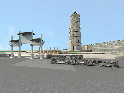 Chinese Pai Fang Archway with Multi Story Pagoda Stone Wall and Pavement Under Blue Sky 3d model