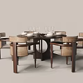 Modern Round Dining Table Set With Rattan Chairs And Wooden Frame 3d model
