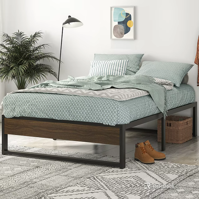 Double Bed with Metal Frame Light Green Geometric Bedspread Striped Pillows Brown Boots and Green Plant in Bedroom Interior 3d model 