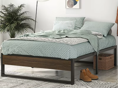 Double Bed with Metal Frame Light Green Geometric Bedspread Striped Pillows Brown Boots and Green Plant in Bedroom Interior 3d model