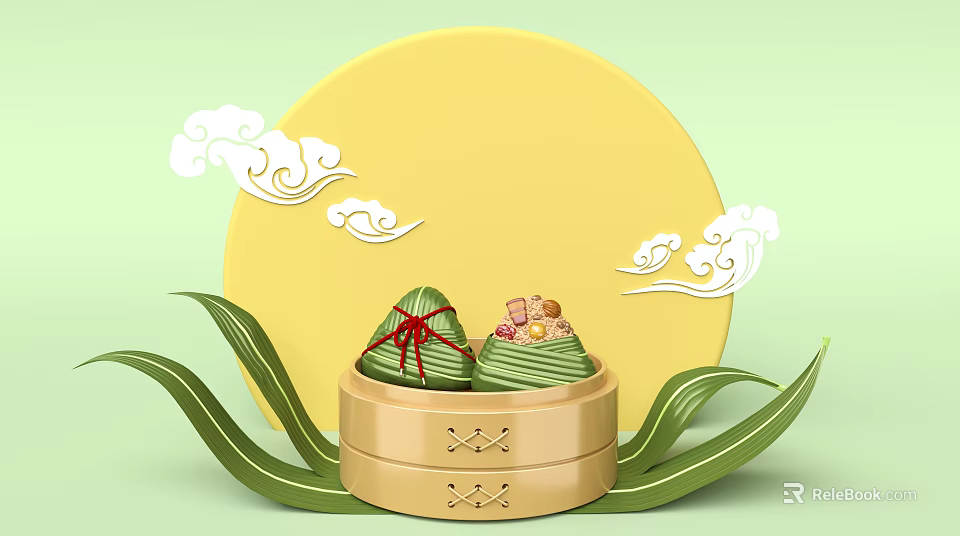 Traditional Chinese Zongzi in Bamboo Container With Green Leaves And Cloud Patterns 3d model 