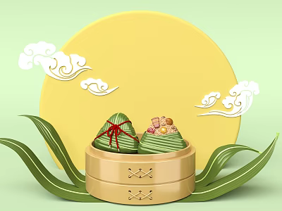 Traditional Chinese Zongzi in Bamboo Container With Green Leaves And Cloud Patterns 3d model