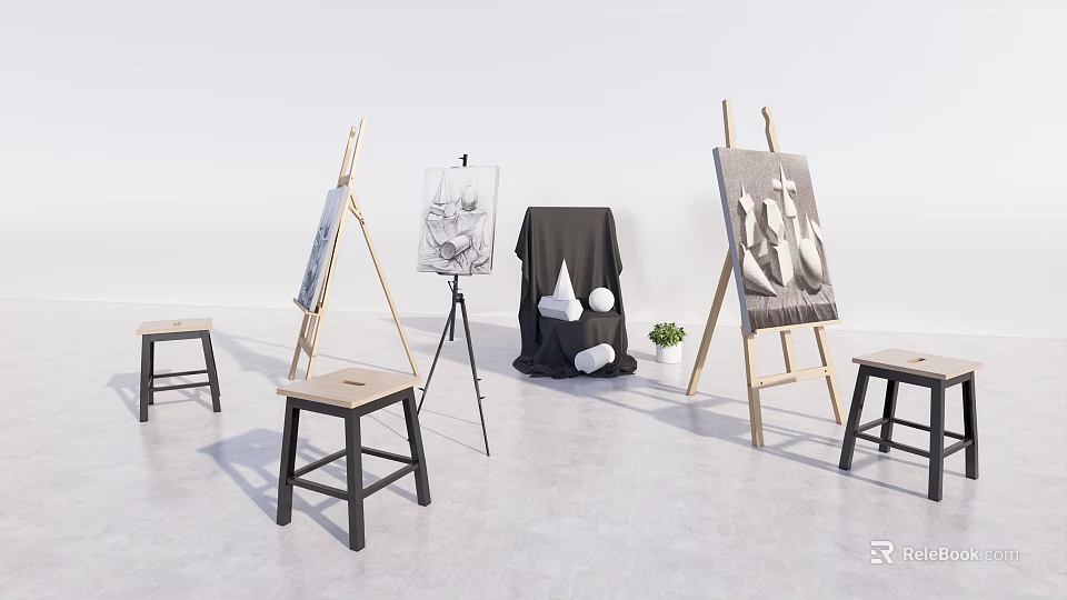 Studio Scene with Art Supplies Musical Instruments Easels Paintings and Wooden Stools 3d model 