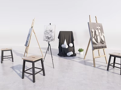 Studio Scene with Art Supplies Musical Instruments Easels Paintings and Wooden Stools 3d model