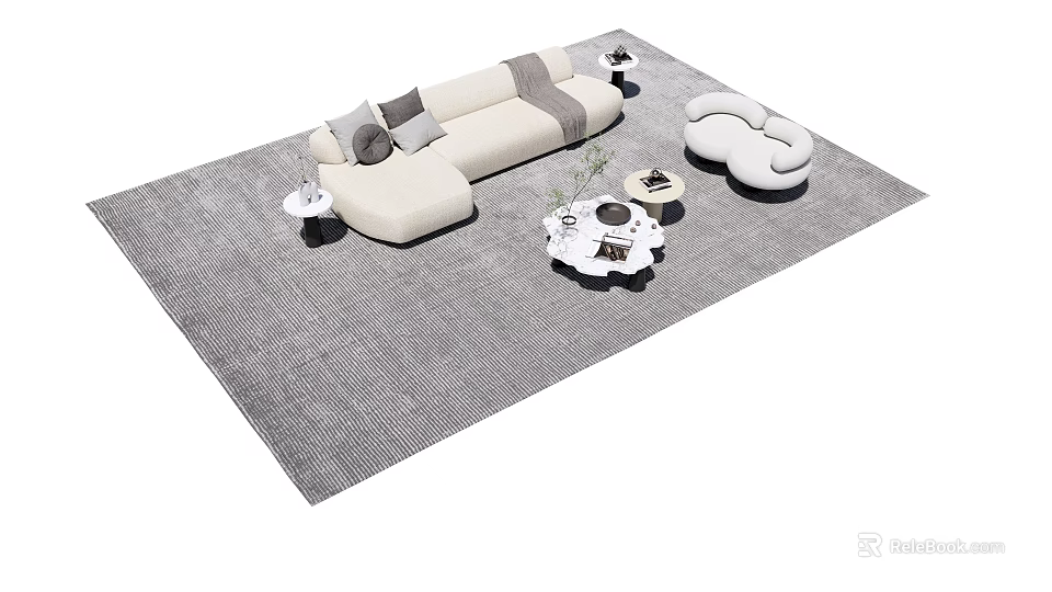 Modern Sofa Coffee Table Set With Grey Area Rug And Decorative Throw Pillows 3d model