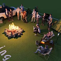 Garden Landscape With Bonfire Group Of People Camping Van Tent And Outdoor Camping