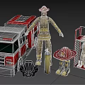 Firefighter Themed Decorative Ornament Set With Firefighter Figure Fire Truck Helmet Boots And Display Rack
