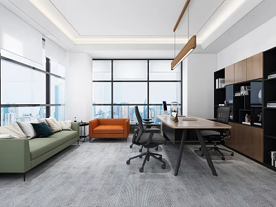 Modern Office Interior Design With Large Windows Sofa Desk And Bookshelves 3d model