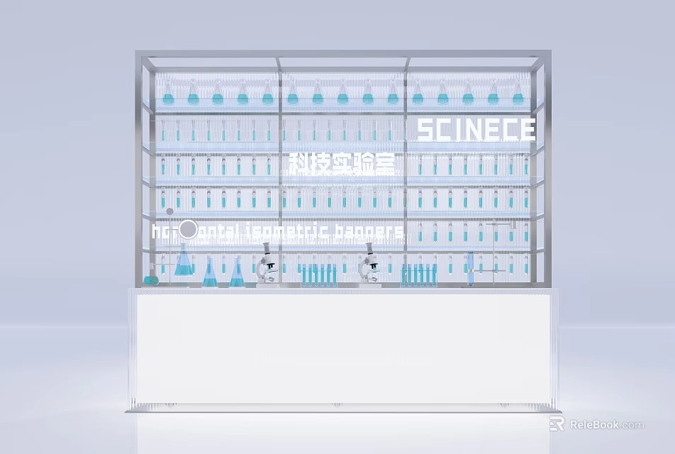 Medical Exhibition Hall with Glass Display Cabinet Blue Instruments White Counter and SCIENCE Signage 3d model 