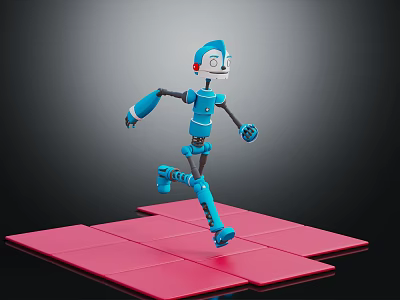 Blue Robot Character Running On Pink Platform Tiles In 3D Design 3d model