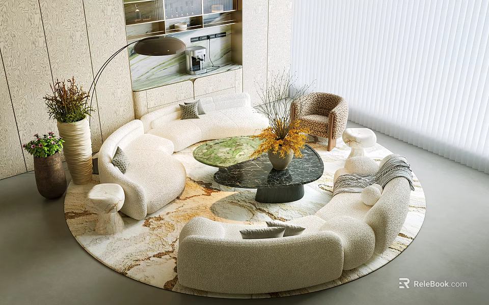 Modern Beige Curved Sofa and Glass Coffee Table Set With Decorative Vase and Floor Lamp 3d model 