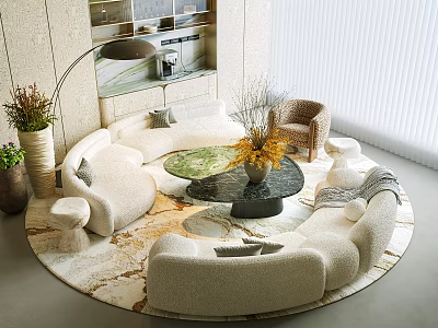 Modern Beige Curved Sofa and Glass Coffee Table Set With Decorative Vase and Floor Lamp 3d model