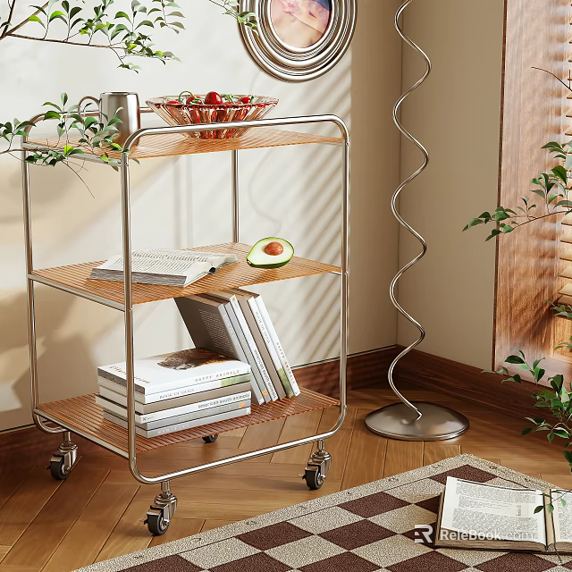 Rolling Side Table with Metal Frame Wooden Shelves Books Avocado Fruit Bowl Floor Lamp Plants 3d model 