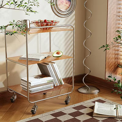 Rolling Side Table with Metal Frame Wooden Shelves Books Avocado Fruit Bowl Floor Lamp Plants 3d model