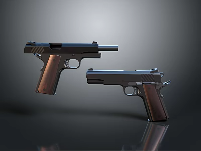 Two Modern Pistols with Black Body and Brown Wooden Grips on Gray Reflective Background 3d model