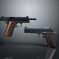 Two Modern Pistols with Black Body and Brown Wooden Grips on Gray Reflective Background