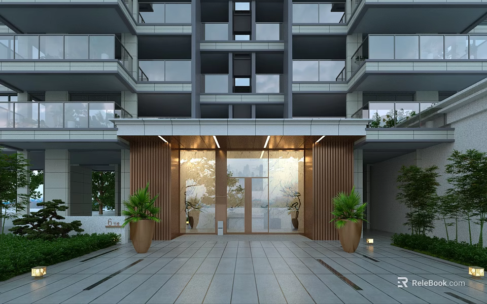 Modern Residential Building Main Entrance Gate With Glass Doors Green Plants And Lighting 3d model 
