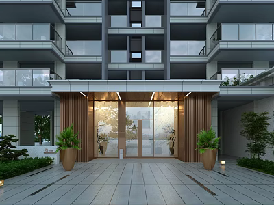 Modern Residential Building Main Entrance Gate With Glass Doors Green Plants And Lighting 3d model