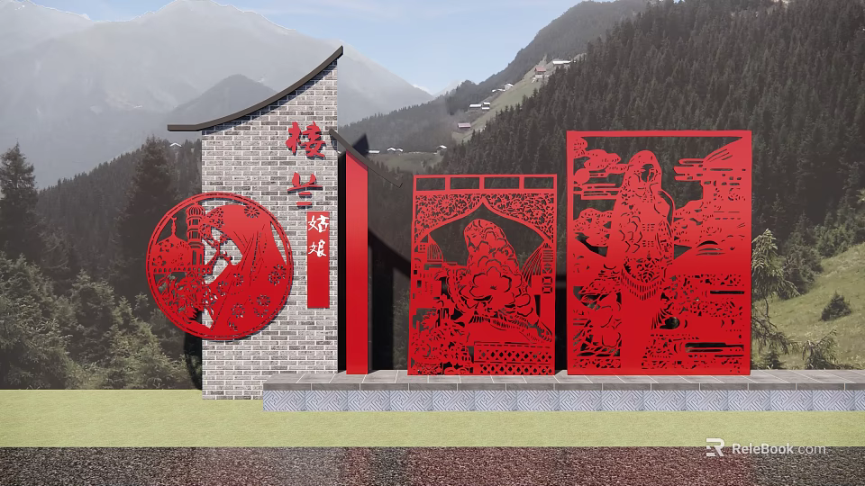 Red Carved Sculptures With Paper Cut Design Chinese Characters And Mountain Background 3d model 