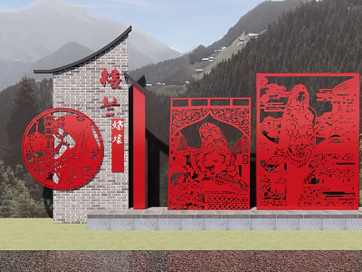 Red Carved Sculptures With Paper Cut Design Chinese Characters And Mountain Background 3d model