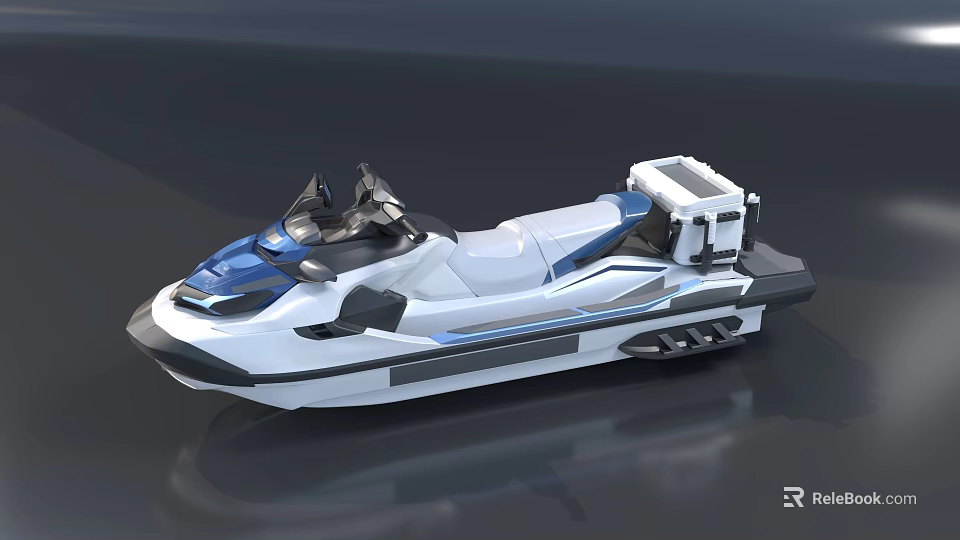 White and Blue Jet Ski Yacht with Comfortable Seats and Storage Box Design 3d model 