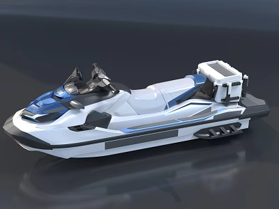 White and Blue Jet Ski Yacht with Comfortable Seats and Storage Box Design 3d model