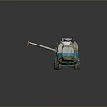 Blue And White Agricultural Harvester With Large Wheels And Cabin Structure