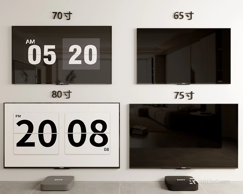 Various Size Smart TV Screens Display Time And Home Interior Views 3d model 