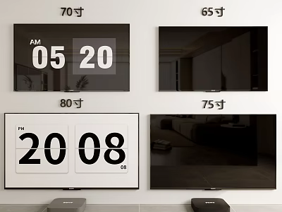Various Size Smart TV Screens Display Time And Home Interior Views 3d model