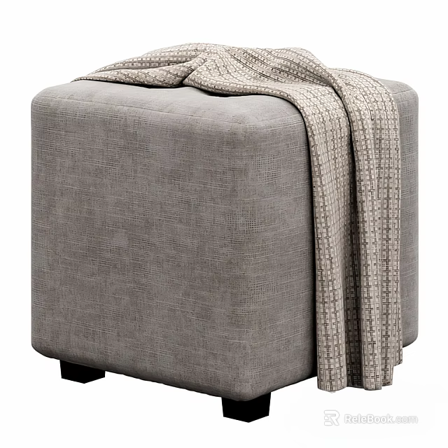 Modern Gray Fabric Square Ottoman With Knitted Blanket And Black Wooden Legs 3d model 