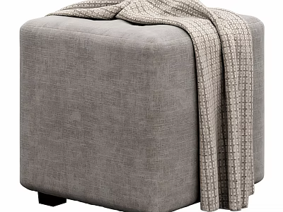 Modern Gray Fabric Square Ottoman With Knitted Blanket And Black Wooden Legs 3d model