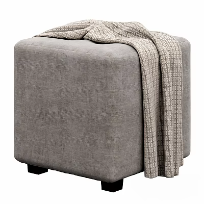 Modern Gray Fabric Square Ottoman With Knitted Blanket And Black Wooden Legs 3d model