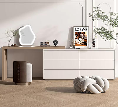 Elegant White Dressing Table With Unique Mirror Brown Stool LOEWE Magazine And Green Plant 3d model