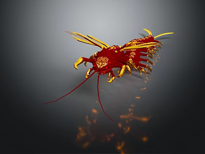 Red And Gold Centipede Like Sculpture With Intricate Carving And Glossy Surface 3d model