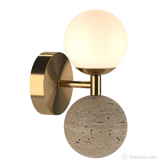 Modern Gold Metal Wall Lamp with White Globe Shade and Stone Decorative Base 3d model 