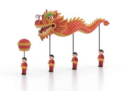 Traditional Red Dragon Themed Board Game Entertainment With Four Red Clothed Participants 3d model
