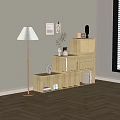 Wooden Cube Bookcase With Decorative Vase Books And Floor Lamp In Natural Light