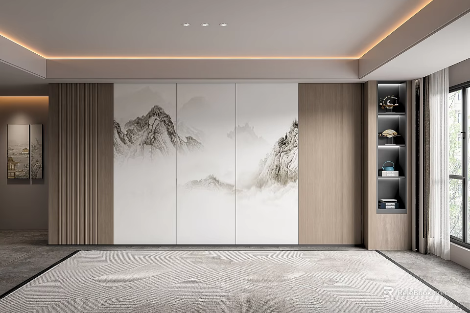 Modern Luxurious Living Room Background Wall With White Wooden Frames And Mountain Landscape Artwork 3d model 