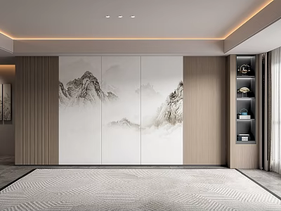 Modern Luxurious Living Room Background Wall With White Wooden Frames And Mountain Landscape Artwork 3d model