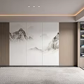 Modern Luxurious Living Room Background Wall With White Wooden Frames And Mountain Landscape Artwork